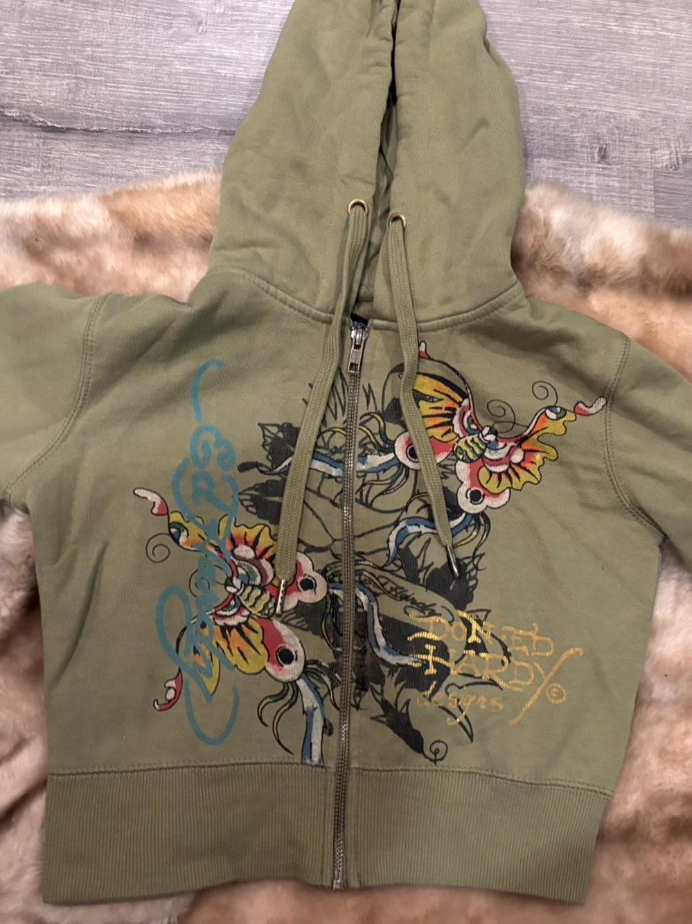 ED-HARDY Olive Green Zip-Up Hoodie with Colorful Floral Butterfly Print